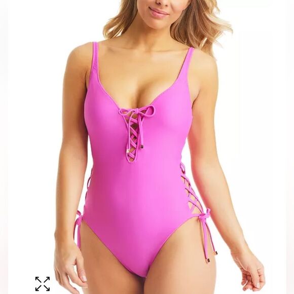 BAR III Women's Core Solids Lace-Up One-Piece Swimsuit Size Medium - Picture 1 of 10